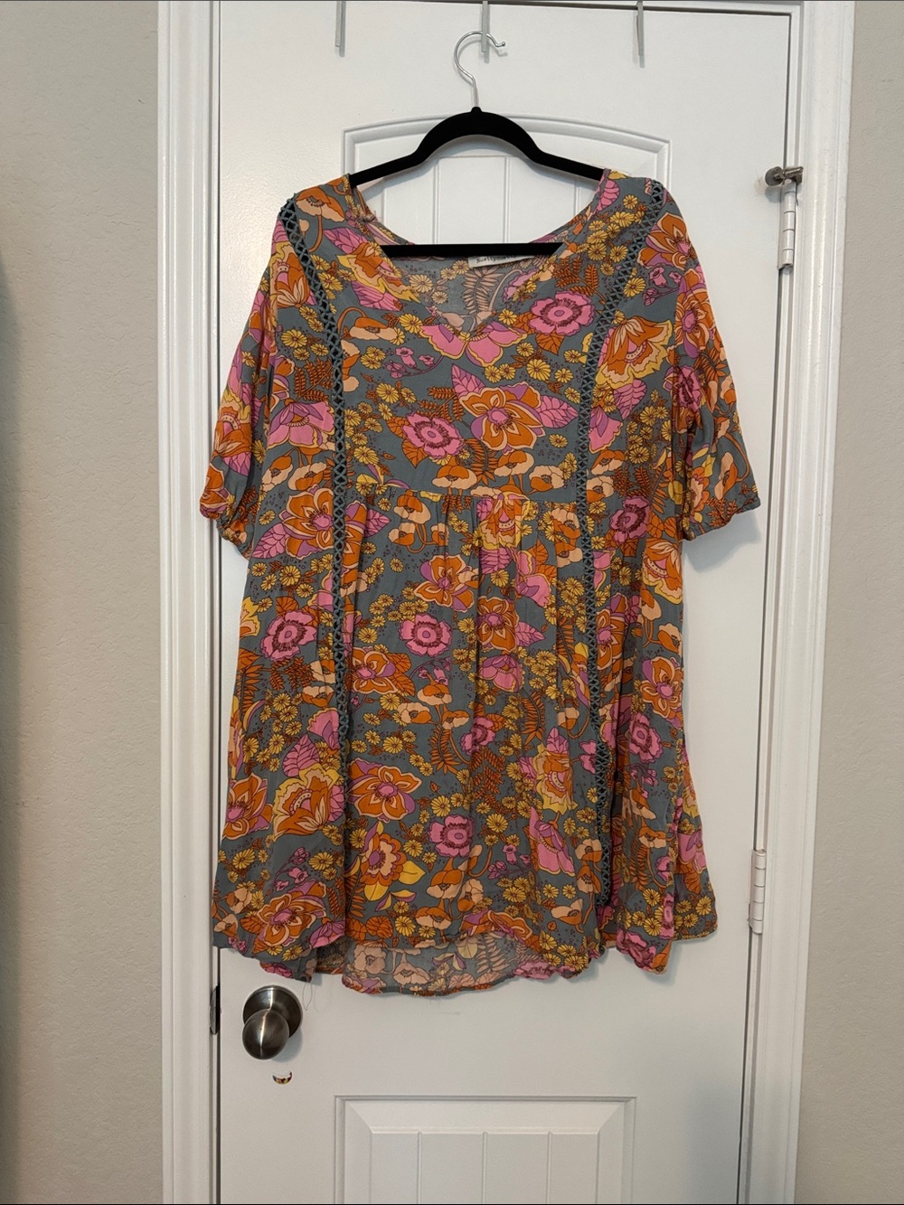 Floral Tiered Mini Dress in Gray with Pink & Orange